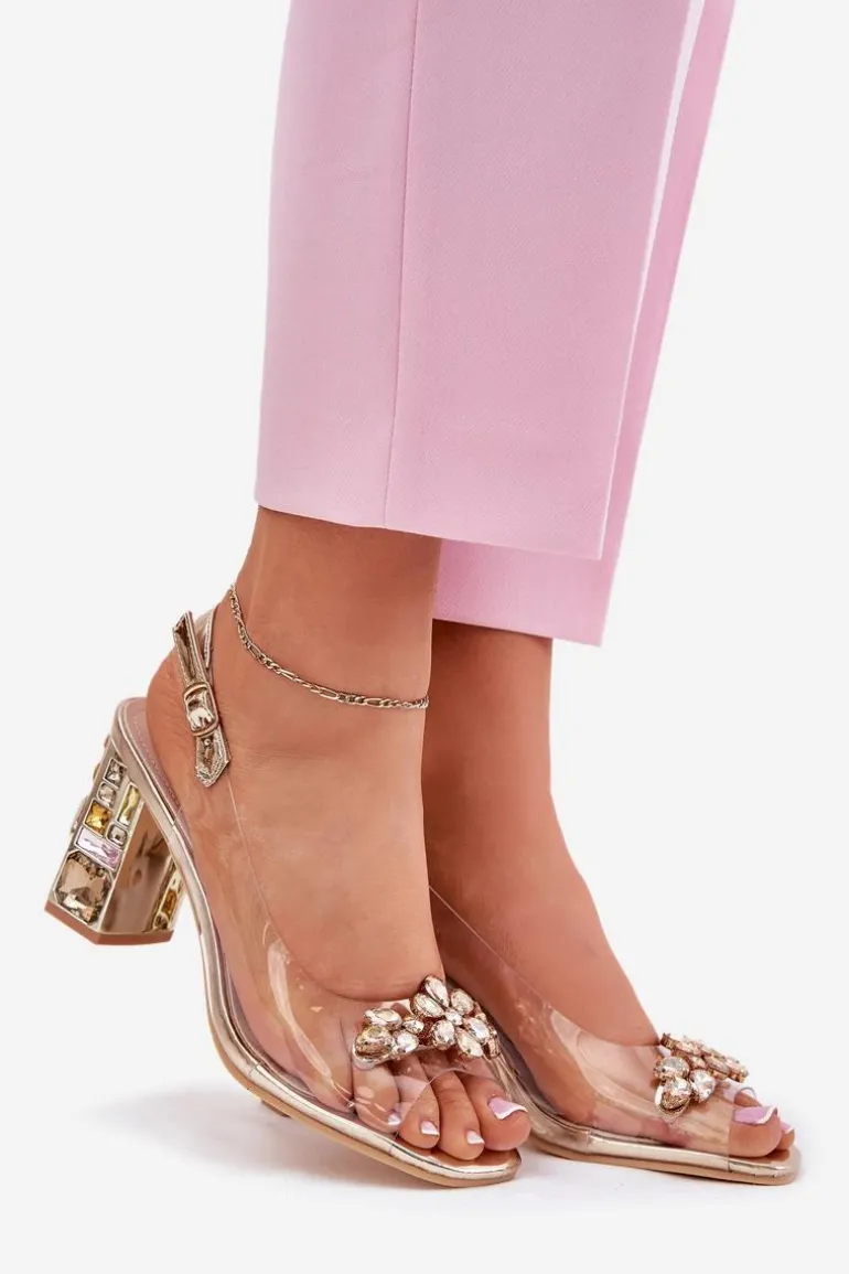 Transparentne Sandały Na Słupku Z Kryształkami Vinceza 70110 Złote