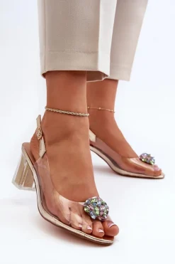 Transparentne Sandały Na Słupku z Ozdobą Złote D&A MR38-454