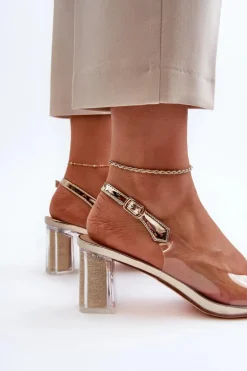 Transparentne Sandały Na Słupku z Ozdobą Złote D&A MR38-454