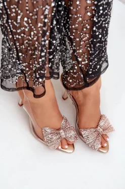 Transparentne Sandały Na Szpilce Z Błyszczącą Kokardą Różowe Złoto Viosta