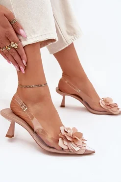 Transparentne Sandały Na Szpilce Z Ozdobnym Kwiatem Nude Risalie