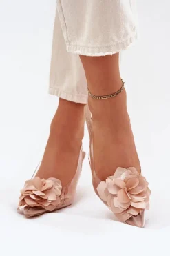 Transparentne Sandały Na Szpilce Z Ozdobnym Kwiatem Nude Risalie