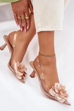 Transparentne Sandały Na Szpilce Z Ozdobnym Kwiatem Nude Risalie