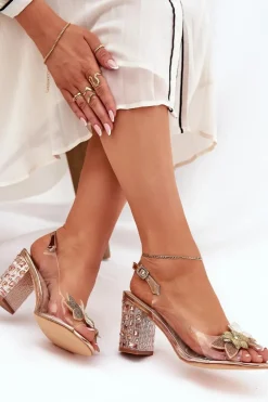 Transparentne Sandały Z Kwiatkami Na Zdobionym Obcasie D&A MR38-331 Różowe Złoto