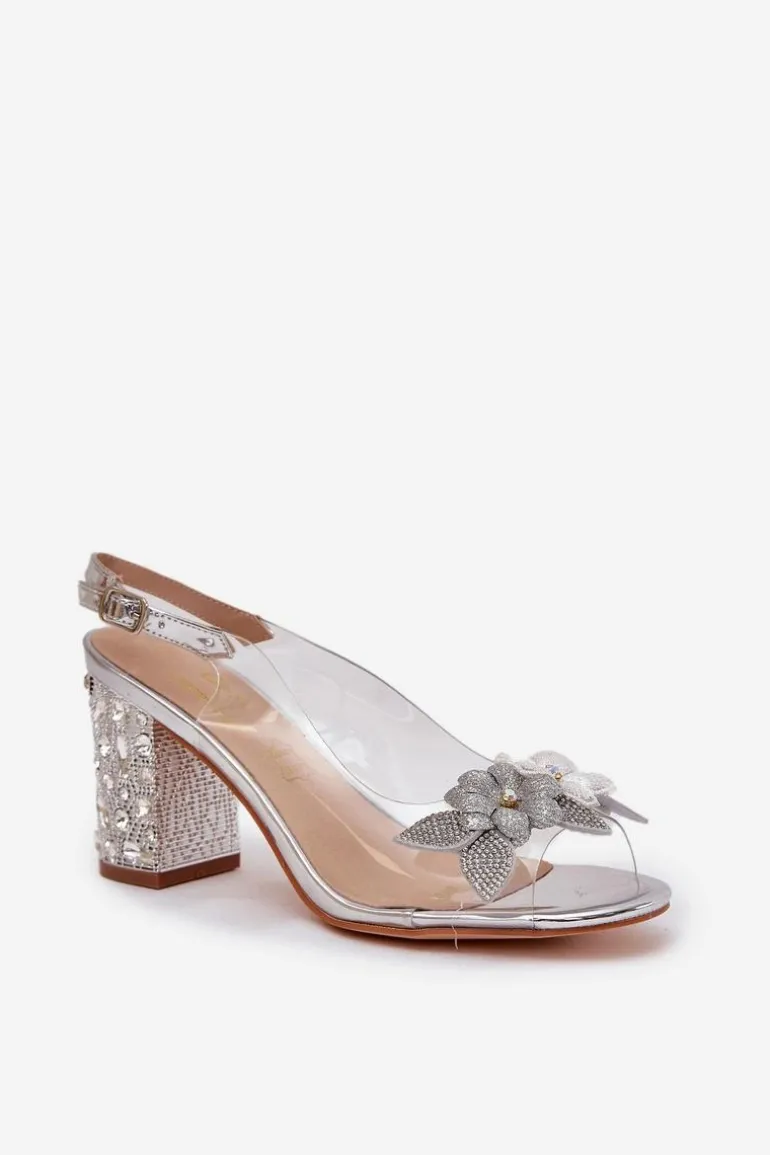 Transparentne Sandały Z Kwiatkami Na Zdobionym Obcasie D&A MR38-331 Srebrne