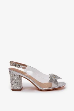 Transparentne Sandały Z Kwiatkami Na Zdobionym Obcasie D&A MR38-331 Srebrne
