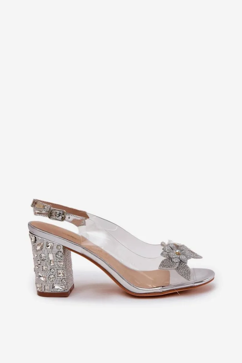 Transparentne Sandały Z Kwiatkami Na Zdobionym Obcasie D&A MR38-331 Srebrne