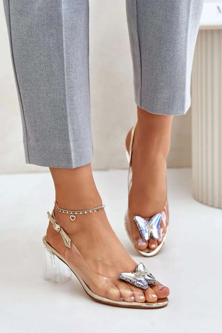 Transparentne Sandały Z Motylem Na Słupku D&A MR42-326 Złote