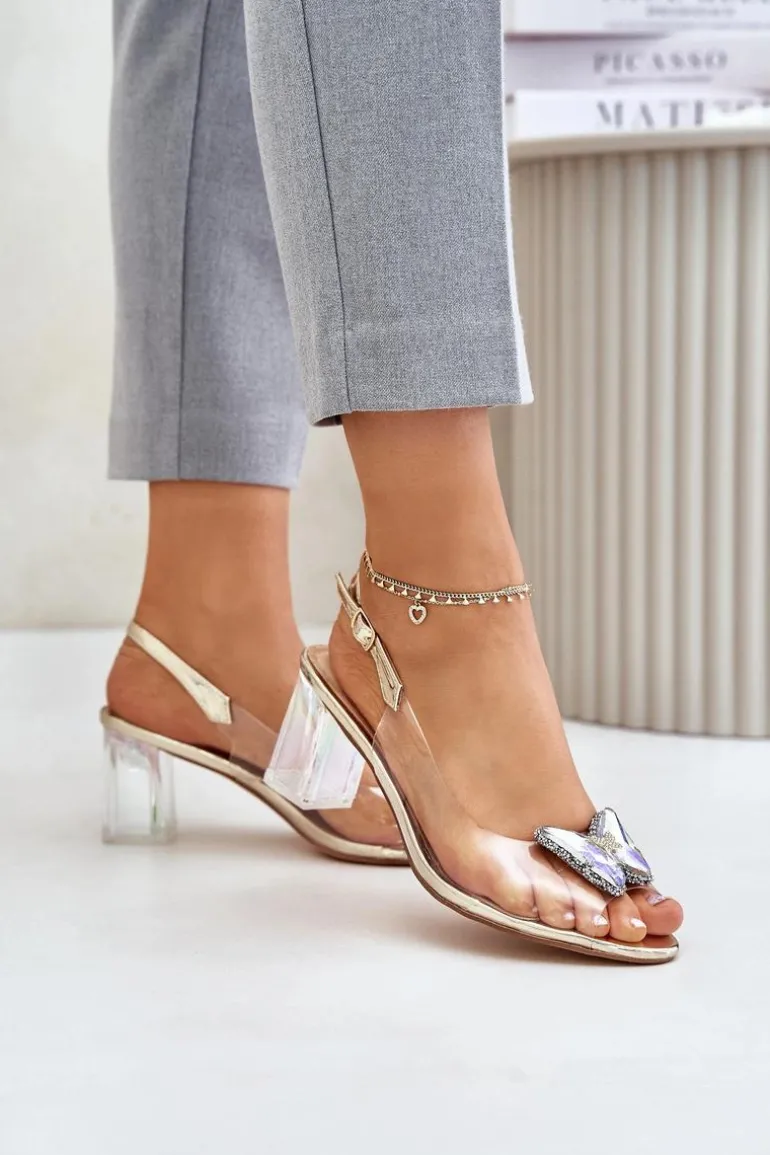 Transparentne Sandały Z Motylem Na Słupku D&A MR42-326 Złote