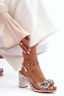 Transparentne Stylowe Sandały Na Słupku Srebrne S.Barski MR1037-17