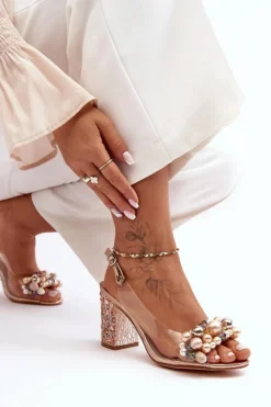 Transparentne Stylowe Sandały Na Słupku Różowe Złoto S.Barski MR1037-17