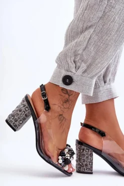 Transparentne Stylowe Sandały Na Słupku Czarne S.Barski MR1037-17