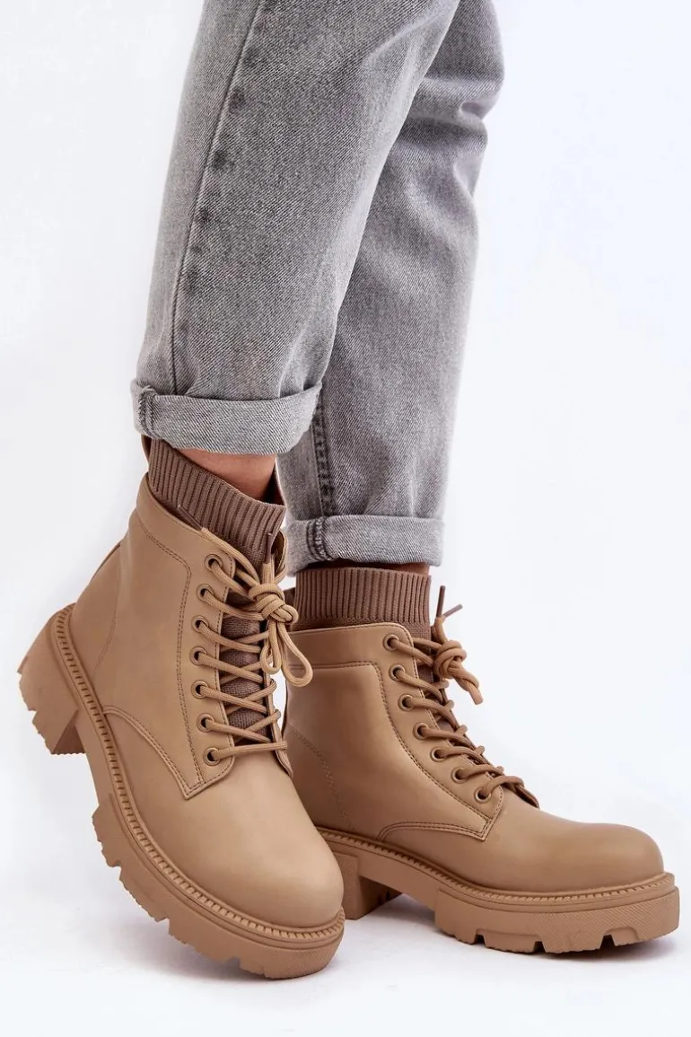 Trapery Botki Damskie Ze Skarpetą Beżowe Rivella