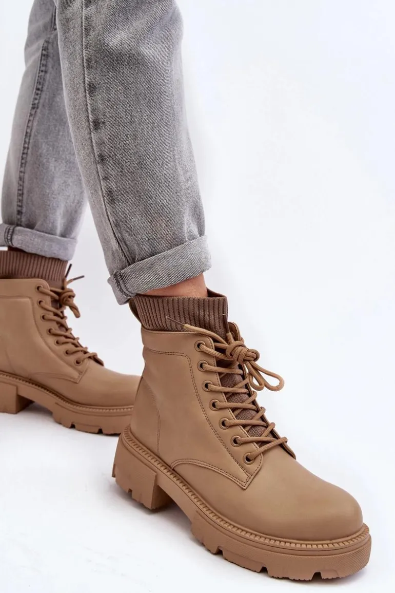 Trapery Botki Damskie Ze Skarpetą Beżowe Rivella