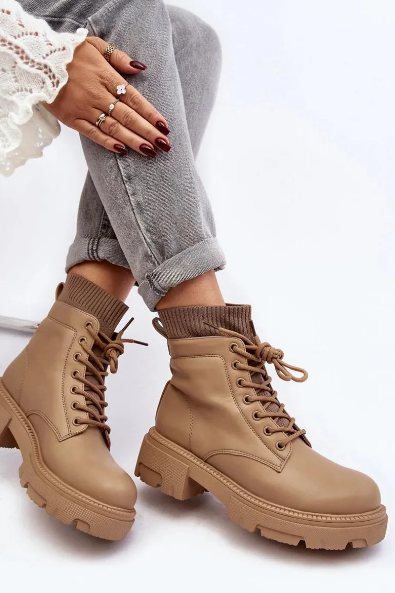 Trapery Botki Damskie Ze Skarpetą Beżowe Rivella