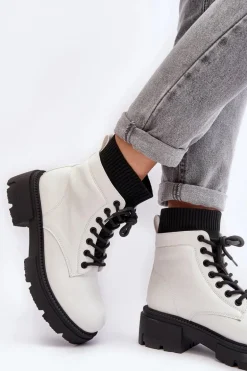 Trapery Botki Damskie Ze Skarpetą Biało-Czarne Rivella