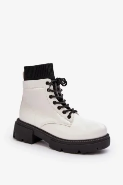 Trapery Botki Damskie Ze Skarpetą Biało-Czarne Rivella