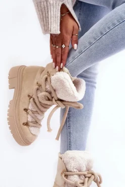 Trapery Śniegowce Damskie Z Wiązaniem Jasnobeżowe Shala