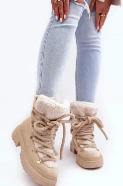 Trapery Śniegowce Damskie Z Wiązaniem Jasnobeżowe Shala