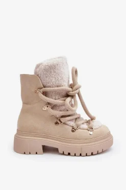 Trapery Śniegowce Damskie Z Wiązaniem Jasnobeżowe Shala