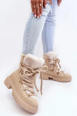 Trapery Śniegowce Damskie Z Wiązaniem Jasnobeżowe Shala