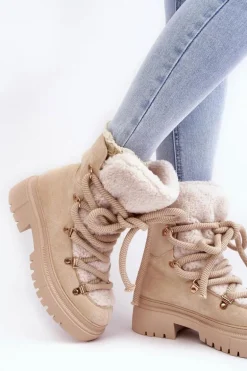 Trapery Śniegowce Damskie Z Wiązaniem Jasnobeżowe Shala