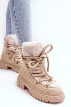 Trapery Śniegowce Damskie Z Wiązaniem Jasnobeżowe Shala