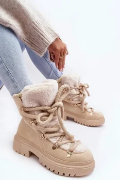 Trapery Śniegowce Damskie Z Wiązaniem Jasnobeżowe Shala