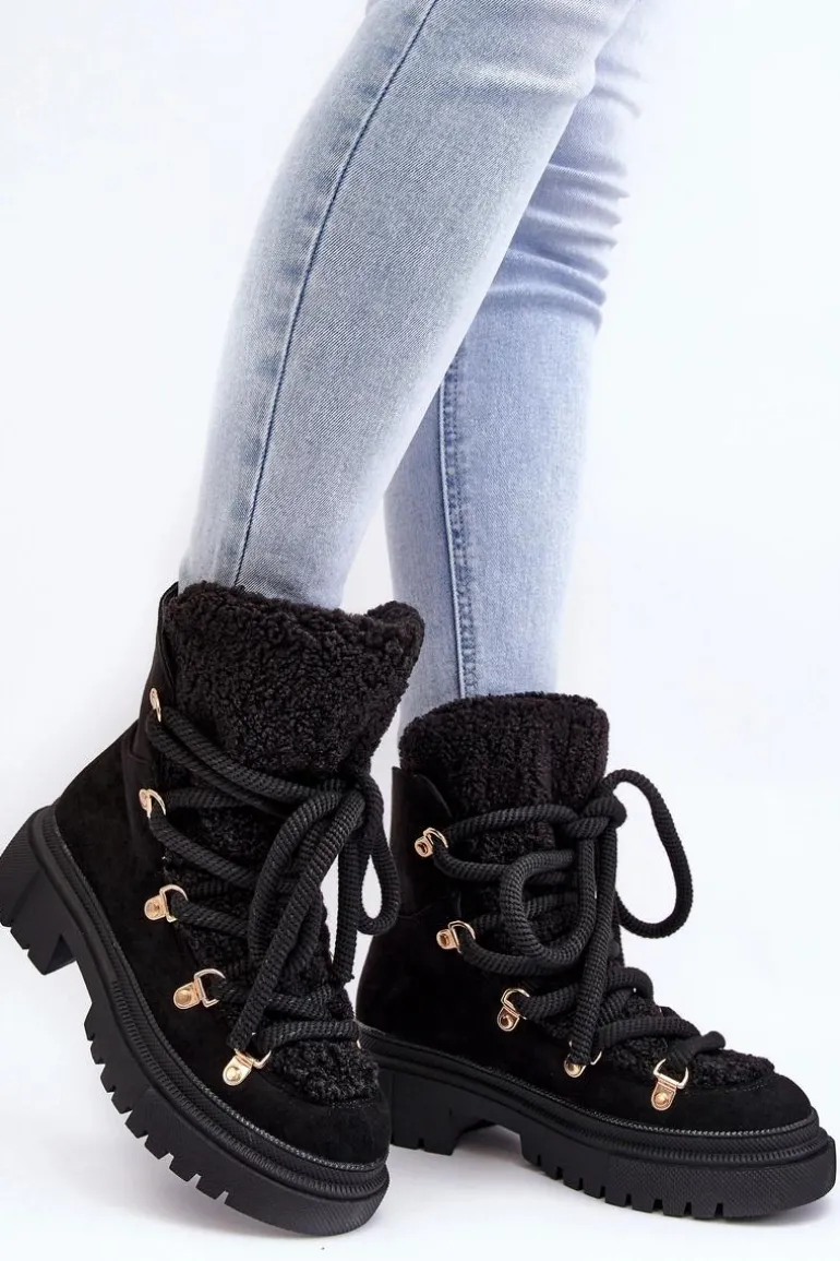 Trapery Śniegowce Damskie Z Wiązaniem Czarne Shala