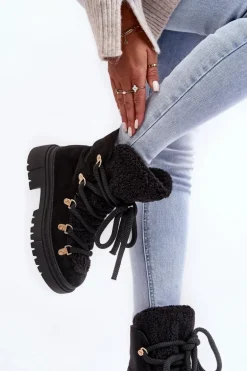 Trapery Śniegowce Damskie Z Wiązaniem Czarne Shala