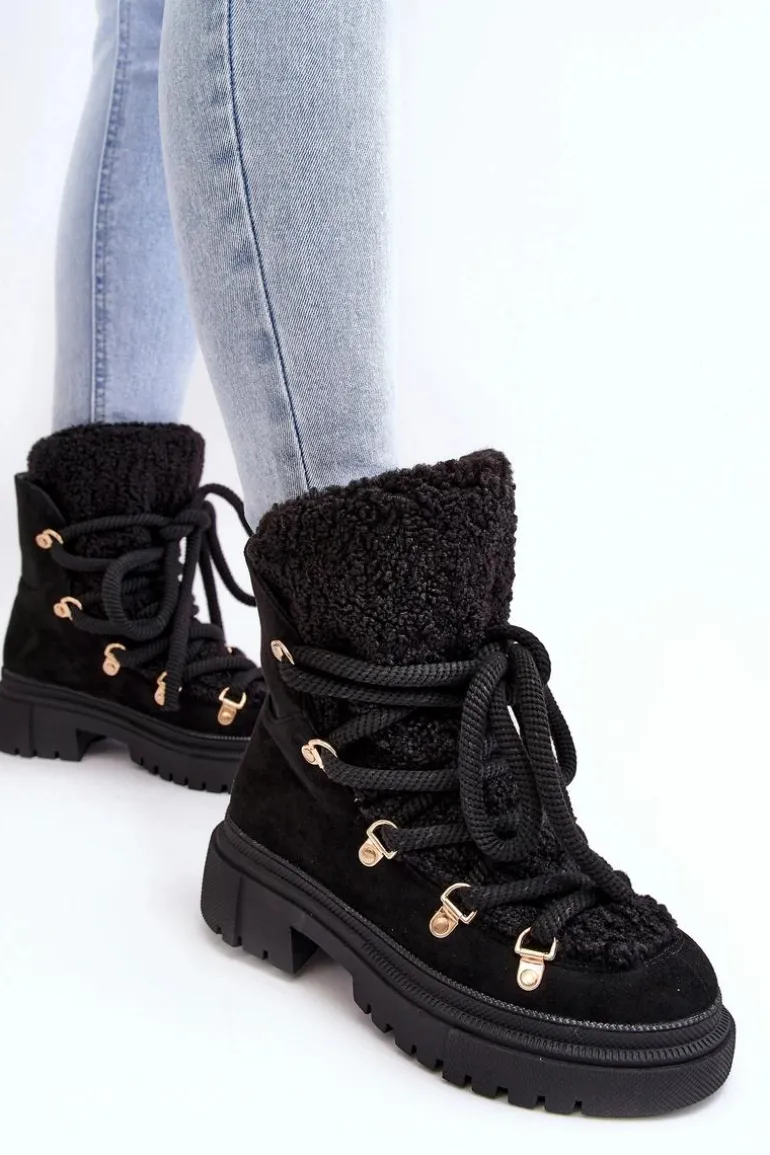 Trapery Śniegowce Damskie Z Wiązaniem Czarne Shala