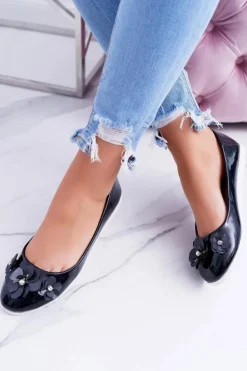 Vices | Lakierowane Czarne Damskie Balerinki Z Kwiatkiem Neli