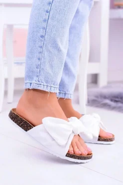 Vices Damskie Białe Klapki Na Korku Kokarda Nina