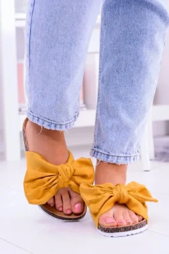 Vices Damskie Żółte Klapki Na Korku Kokarda Nina