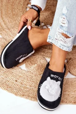 Welurowe Papcie Z Kotem Czarne Good Morning