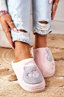 Welurowe Papcie Z Kotem Różowo-Szare Good Morning