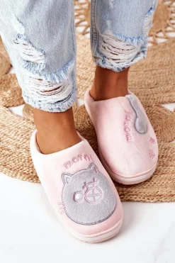 Welurowe Papcie Z Kotem Różowo-Szare Good Morning