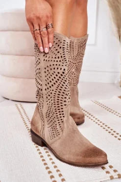 Wiosenne Ażurowe Kozaki Zamszowe Exquisite 1229 Beżowe
