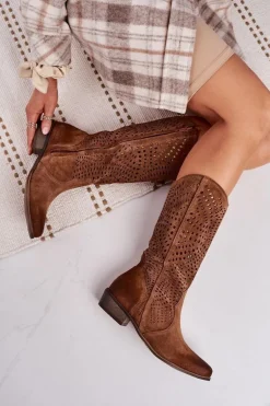 Wiosenne Ażurowe Kozaki Zamszowe Exquisite 1229 Koniak