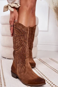 Wiosenne Ażurowe Kozaki Zamszowe Exquisite 1229 Koniak