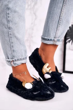 Świąteczne Ocieplane Futrzane Papcie Granatowe Jingle Bells