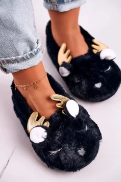 Świąteczne Ocieplane Futrzane Papcie Granatowe Jingle Bells