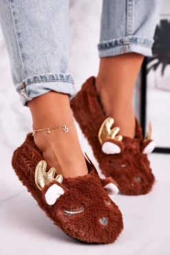 Świąteczne Ocieplane Futrzane Papcie Brązowe Jingle Bells