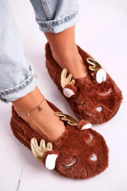 Świąteczne Ocieplane Futrzane Papcie Brązowe Jingle Bells