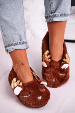 Świąteczne Ocieplane Futrzane Papcie Brązowe Jingle Bells