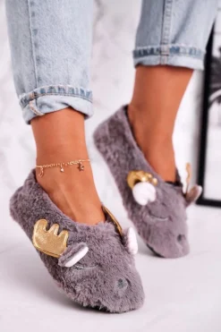 Świąteczne Ocieplane Futrzane Papcie Szare Jingle Bells