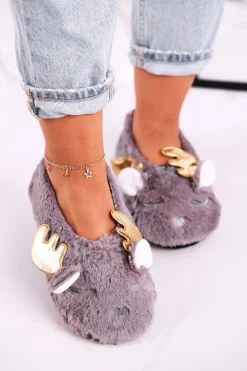 Świąteczne Ocieplane Futrzane Papcie Szare Jingle Bells