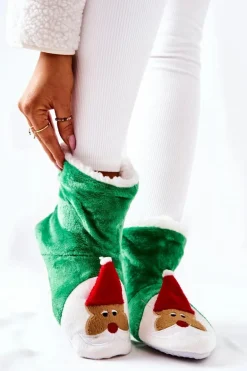 Świąteczne Papcie Ocieplane Mikołaj Zielone