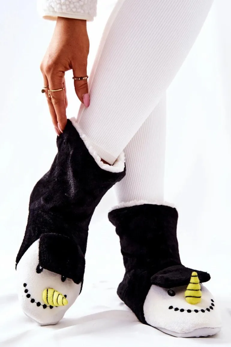 Świąteczne Papcie Ocieplane Bałwan Czarne