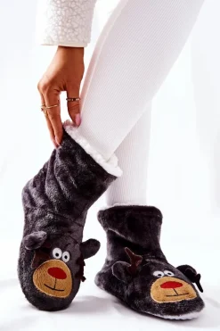 Świąteczne Papcie Ocieplane Renifer Szare